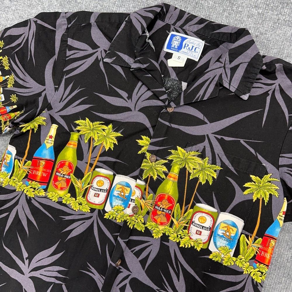 RJC Hawaiian Shirt Mens S Black Short Sleeve Button Front Beer‎ Lager Floral USA